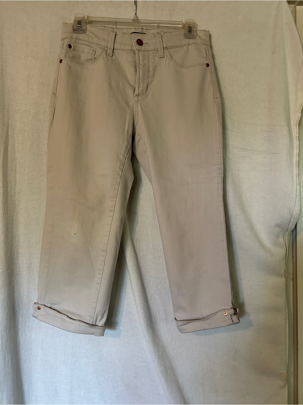 Women's Beige Crop Jeans Casual Roll hem & Cuff Rhinestone on each side